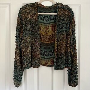 Bohemian Crinkled Texture Raw Edge Open Front Multi-Color Cardigan Jacket Size L
